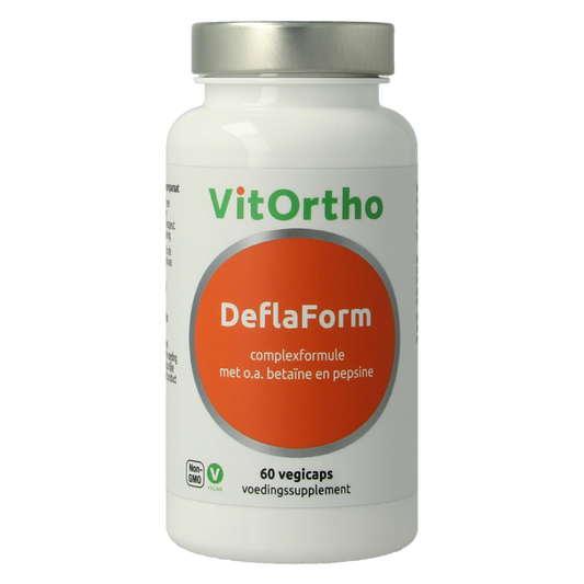 VitOrtho Deflaform mineral multivitamin capsules for vegetarians, displayed in a clear container with capsules inside.