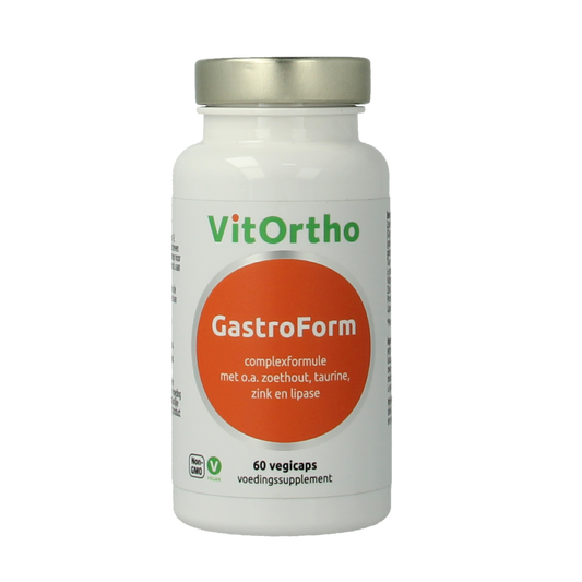 VitOrtho Gastroform vegetarian herbal capsules in a bottle, dietary supplement for digestive health, shown in the image.