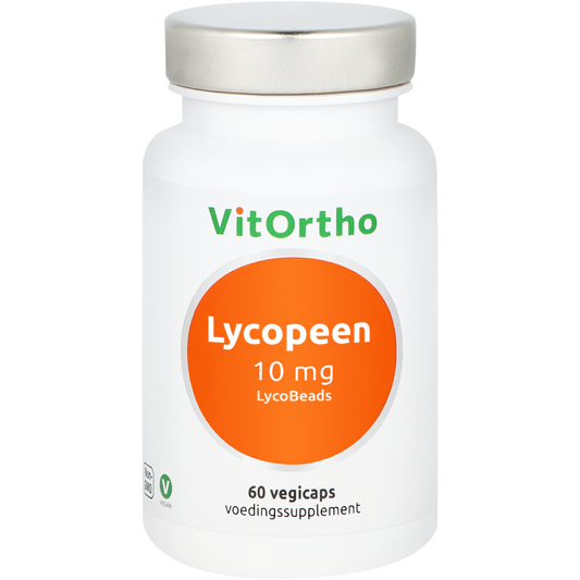 Vegetarian capsules of VitOrtho Lycopeen 10mg dietary supplement, displayed in a clear container with label visible.