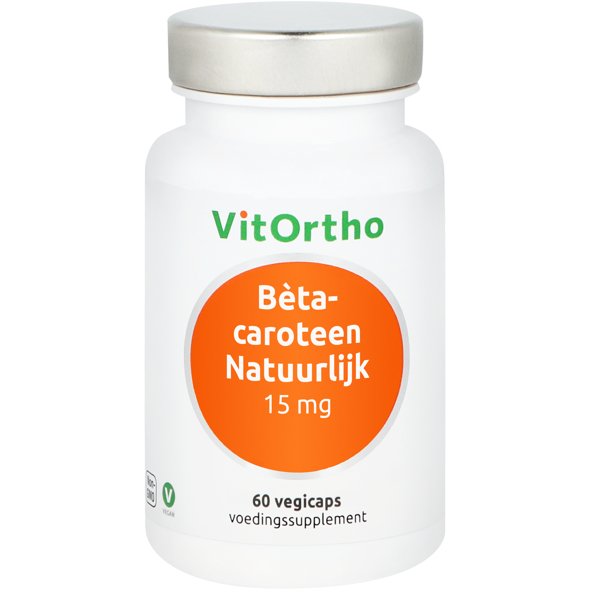 Vegetarische VitOrtho Beta-caroteen 15mg capsules, orange softgel supplement for eye and skin health, shown in bottle.