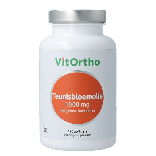 VitOrtho Teunisbloemolie 1000mg softgels, dietary supplement in a bottle with 120 softgel capsules.