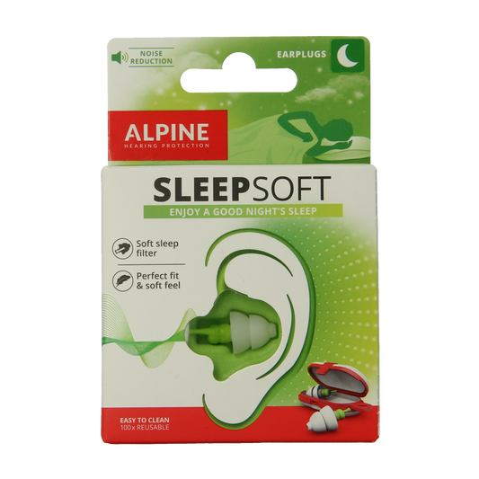 Alpine Sleepsoft earplugs for sleep, soft foam hearing protection, shown in a pair, designed to reduce noise comfortably.