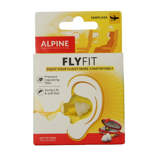 Alpine Flyfit earplugs for hearing protection, showing a pair of white ear inserts with Alpine branding on a white background.