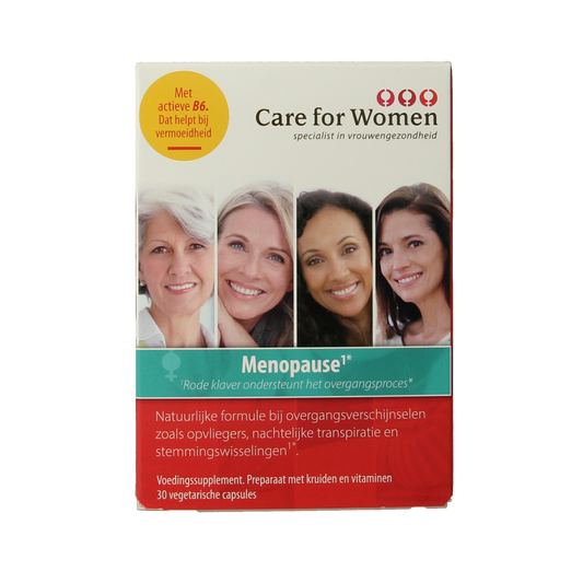 Bottle of Care For Women Menopause herbal capsules by Kruidenpreparaten, showing 30 capsules in a clear container.