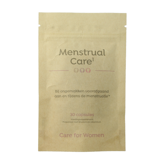 Care For Women Menstrual Care capsules in a bottle, herbal supplement from Kruidenpreparaten brand for menstrual health support.