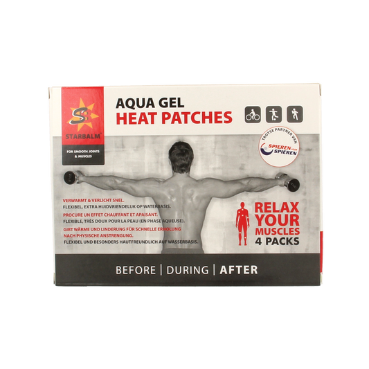 Star Balm Aquagel warmtepleisters for muscle and joint relief, shown in a box of 4 adhesive heat patches.