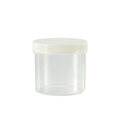 Transparent Spruyt Hillen tablet flask with lid, 120ml capacity, used for laboratory instrument storage, shown with lid on.