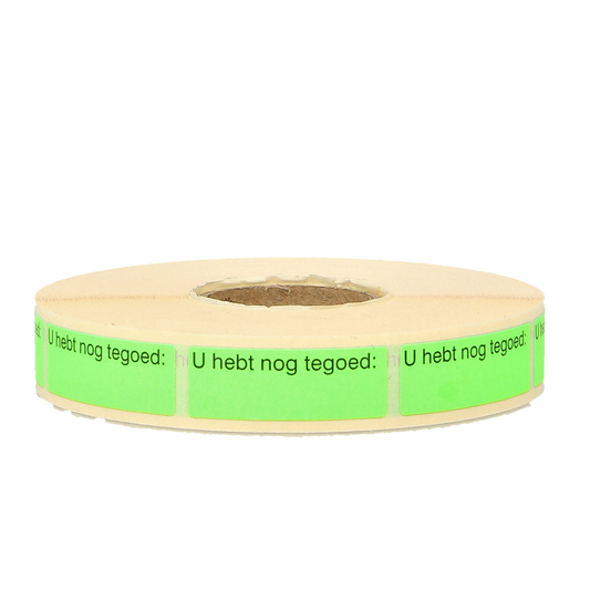 Spruyt Hillen etiketten met "U hebt nog tegoed 1000.00" tekst, geschikt voor labeling en voorraadbeheer.