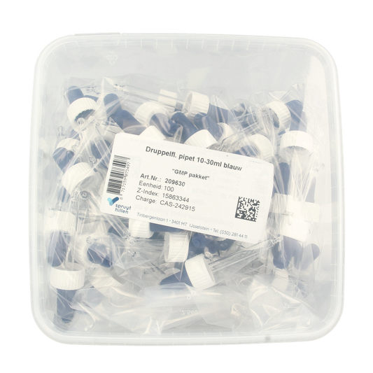 Set of 100 blue Spruyt Hillen Druppelflacon pipet 10-30ml for packaging, made of durable plastic.