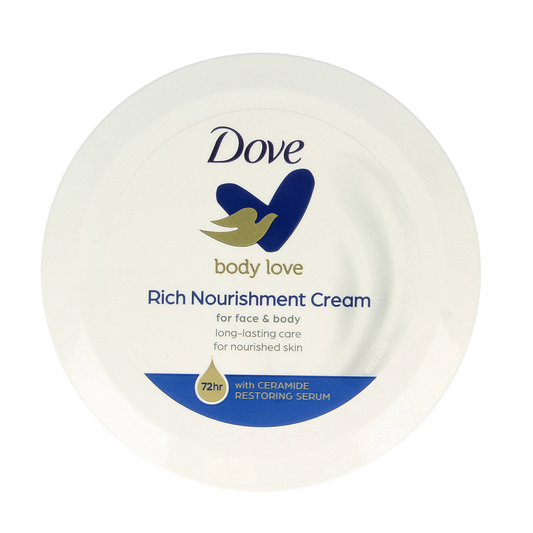 Dove voedende bodycrème in 150ml tube, creamy texture, perfect for nourishing and moisturizing skin.
