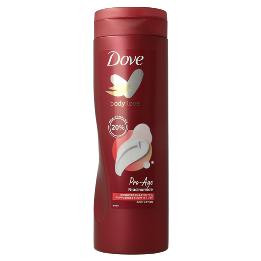 Dove Pro Age body lotion in 400ml bottle, smooth moisturizing body care product, creamy texture, white and blue packaging.