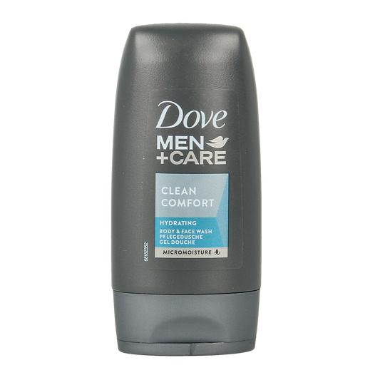 Dove Men+Care Clean Comfort 55ml shower gel in a blue bottle for men’s body and shower cleansing.
