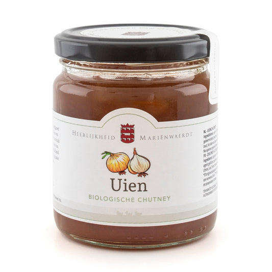 Marienwaerdt Uien Chutney bio in 260g jar, showcasing the smooth, caramelized onion sauce with fresh ingredients.