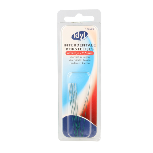 Idyl Op=Op interdentaal borstel ultrafijn 2.5mm, set of 7 tandenstokers and ragers for interdental cleaning, branded Idyl.
