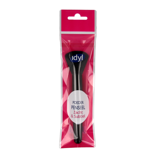 Idyl makeup powder brush with soft bristles, perfect for subtle application, shown in close-up image.