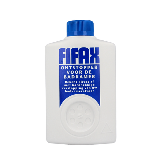 Fifax bathroom drain unblocker in 500g container, cleaning product for bathroom drains, with label showing brand and product details.