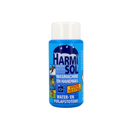 Harmisol liquid laundry detergent in a 200ml bottle, suitable for washing machines, with branding visible on the label.