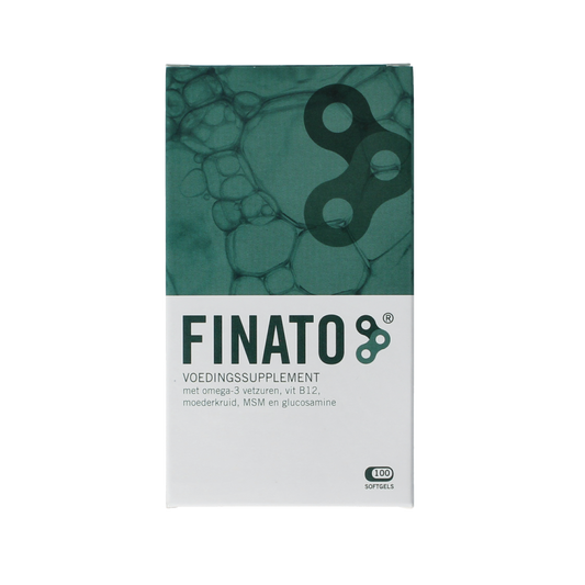 Finato 100 softgels, dietary supplement capsules from Finato, displayed in a clear container with a white background.