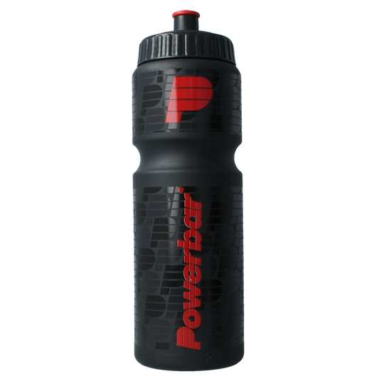 Black Powerbar 750ml water bottle for cooking and dining, shown with a secure screw-on lid and ergonomic design.