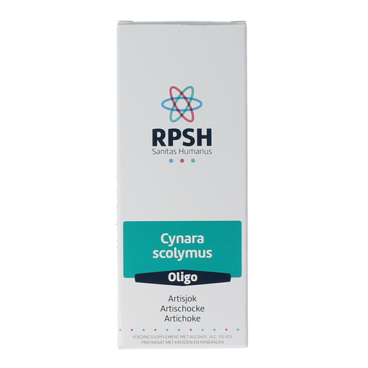 RPSH Oligo Cynara scolymus artichoke herbal preparation in a 120ml bottle, featuring fresh artichoke leaves and extract.