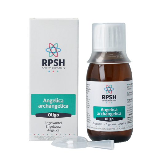 RPSH Oligo Angelica archangelica herbal preparation bottle labeled Engelwortel, 120ml, natural herbal supplement.