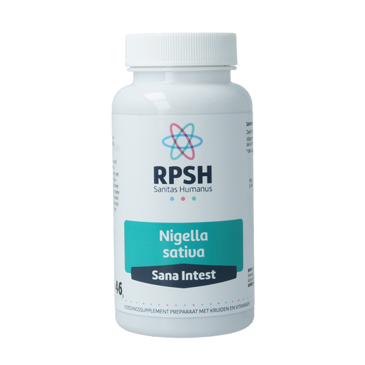 RPSH Sana Intest Nigella sativa capsules, herbal supplement from RPSH, featuring black cumin seeds in a bottle.