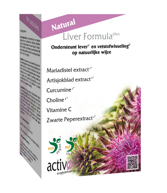 Activo Liver Formula Plus vegetarian herbal capsules in a bottle, dietary supplement for liver health, by Activo.