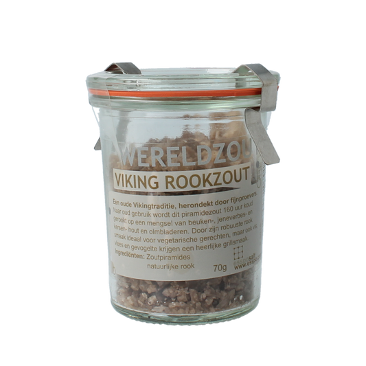 Esspo Wereldzout Viking rookzout in glas jar, 70g, a flavorful smoked sea salt for cooking and seasoning.