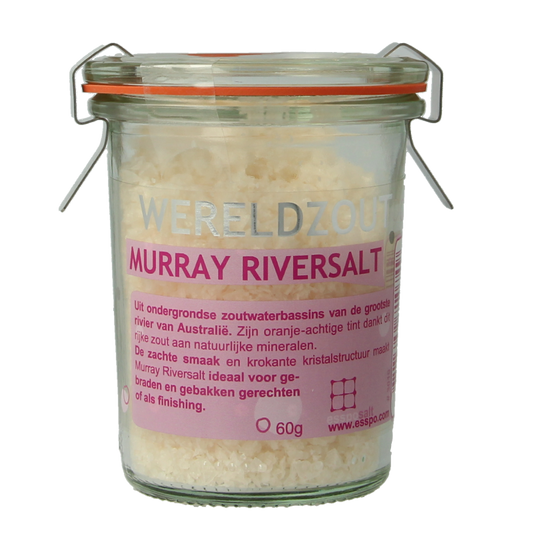 Esspo Murray River Salt in a 60g glass jar, natural pink salt crystals for culinary use, part of Esspo's kruiden en zout assortiment.