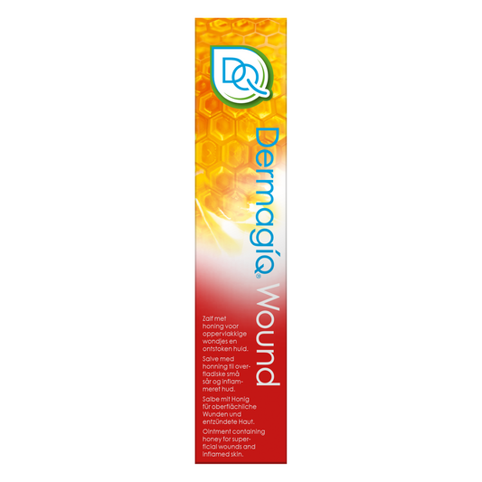 Dermagiq Wound 15g tube, body care product for wound healing and skin care, displayed with packaging and product label.
