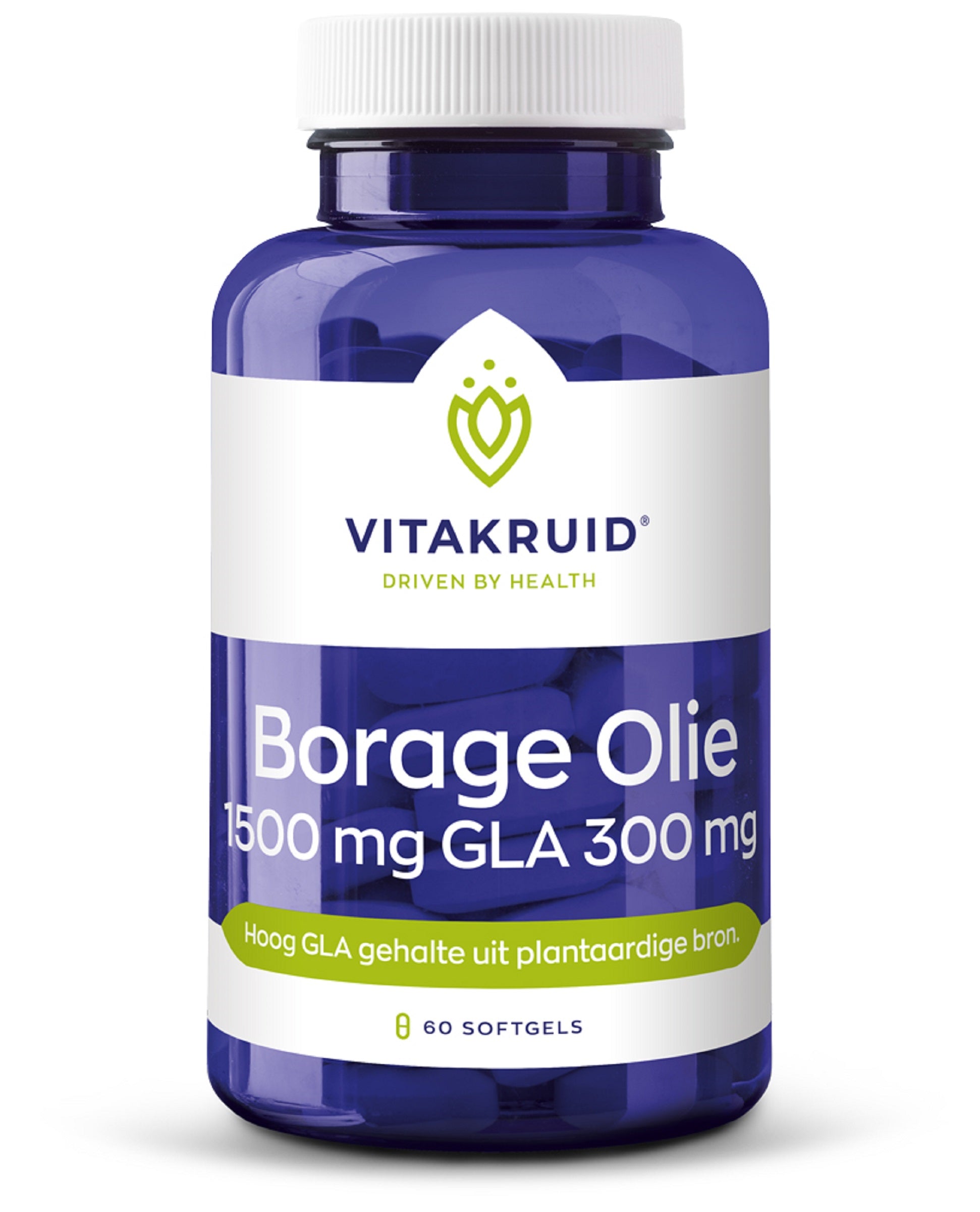 Vitakruid Borage Oil 1500mg with 300mg GLA in 60 softgels, a herbal supplement from plant-based source.