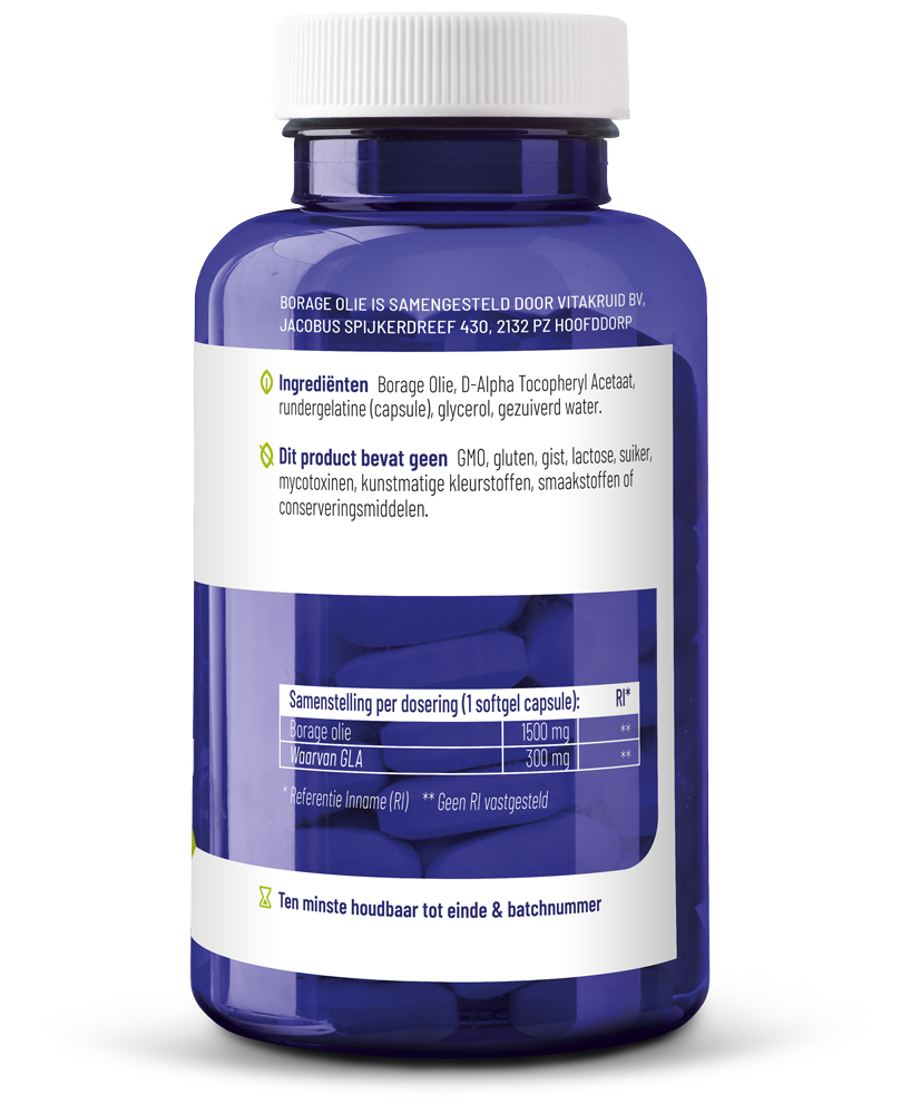 Vitakruid Borage Oil 1500mg with 300mg GLA softgels, plant-based herbal supplement, 60 softgels for skin and hormonal support