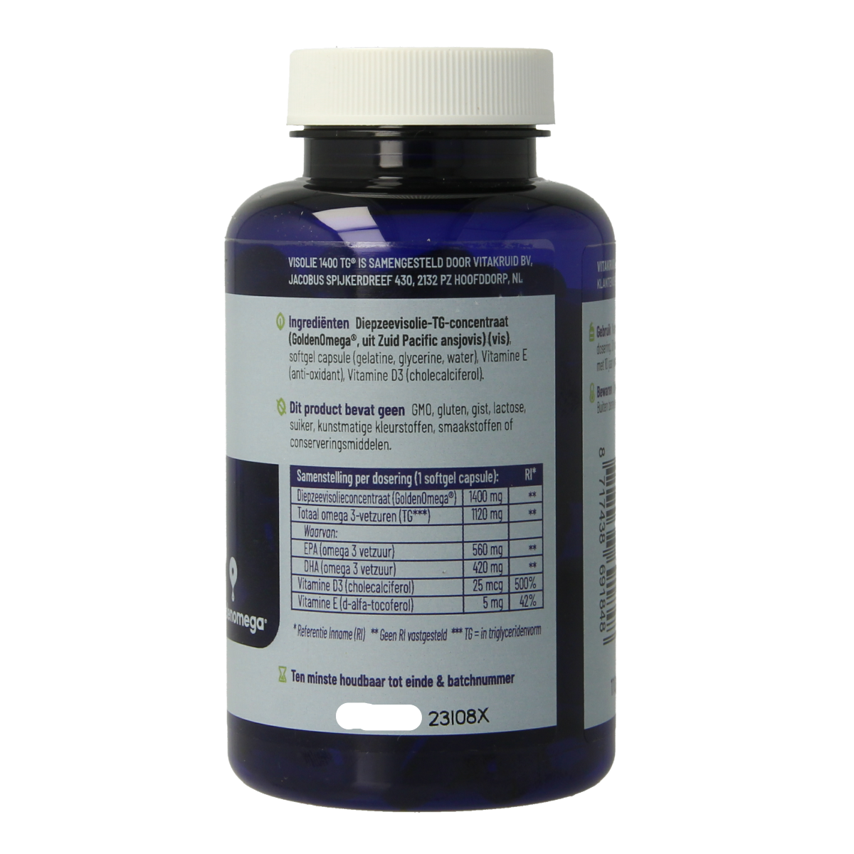 Softgel softgels of Vitakruid Visolie 1400 TG with D3, omega-3 triglyceride fish oil supplement in a bottle.