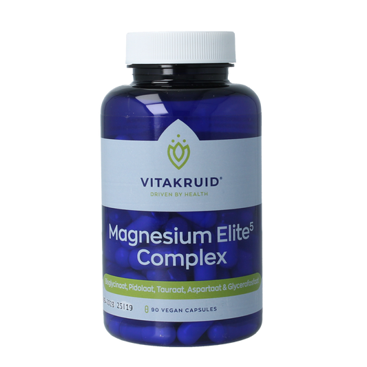 Vitakruid Magnesium Elite5 complex vegetarian capsules with magnesium, oa aspartaat and pidolaat, dietary mineral supplement.