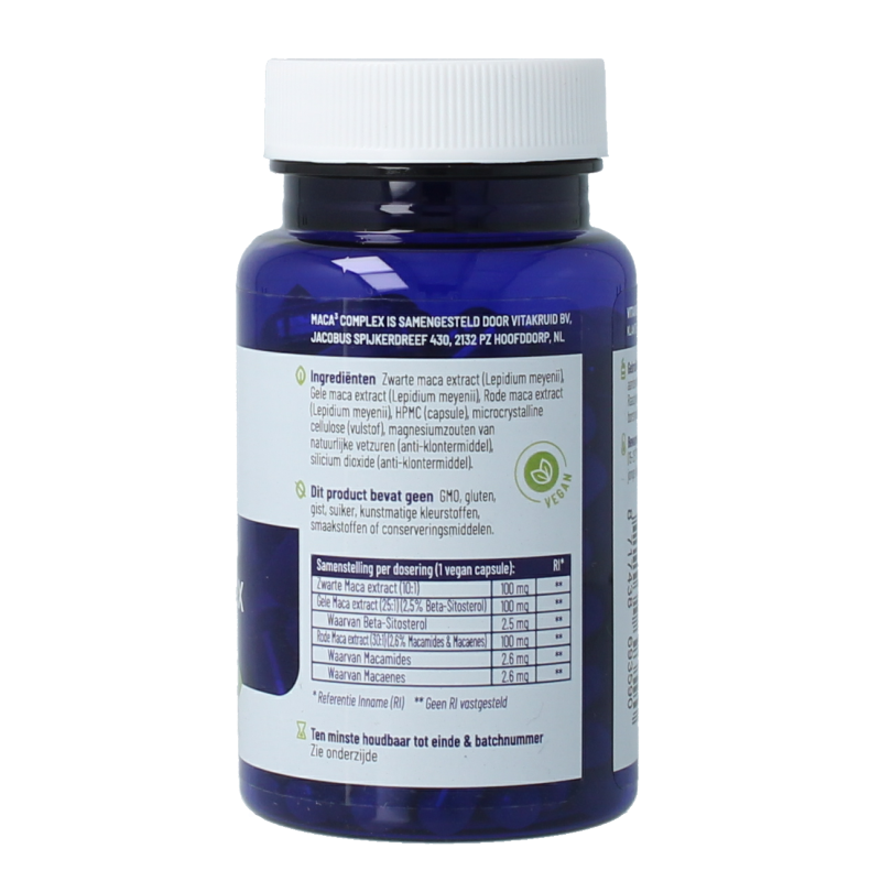 Vitakruid Maca3 complex zwart 10:1, geel 25:1 & rood 30:1 90 Vegetarische capsules