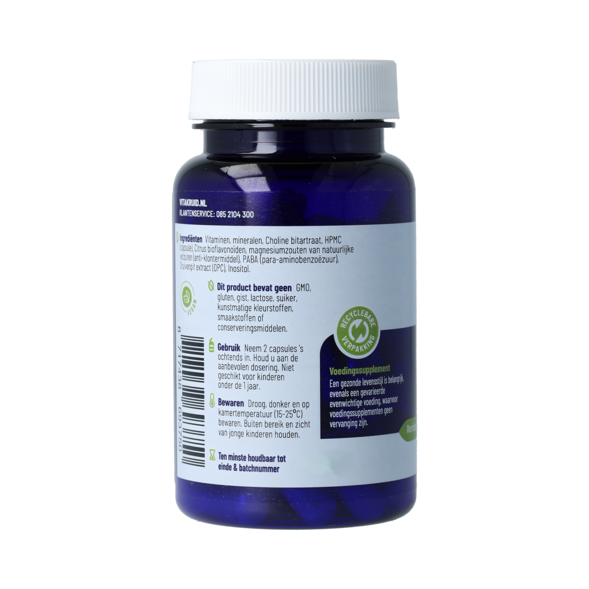 VitaKruid Multi Dag Mama vegan vegetarian capsules bottle with colorful capsules and label showing product information.