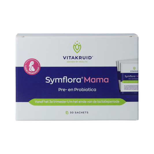 Vitakruid Symflora® Mama sachets, probiotic supplement with herbal ingredients, in a clear package with 30 sachets visible.