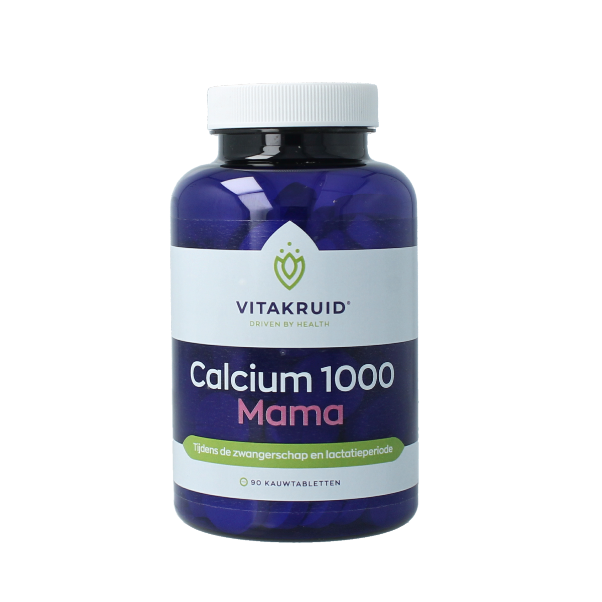 Vitakruid Calcium 1000 Mama mineralen tabletten for zwangerschap and lactatie, displayed in a bottle with 90 tablets.