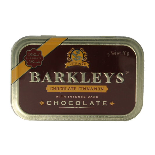 Barkleys Chocolate Mints Cinnamon candy in 50g package, showing shiny chocolate and cinnamon-flavored sweets.