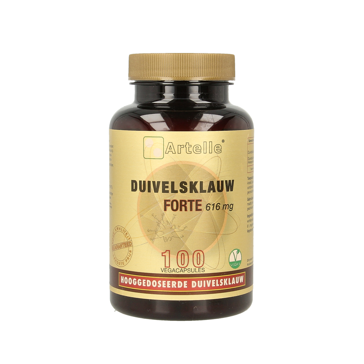 Artelle Duivelsklauw forte 616mg vegetarian capsules, herbal supplement in a clear bottle with capsules visible inside.
