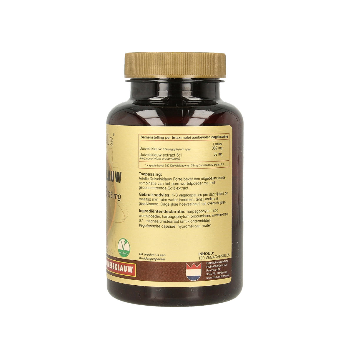 Artelle Duivelsklauw forte 616mg herbal capsules, vegetarian supplement, showing a close-up of the supplement bottle and capsules.