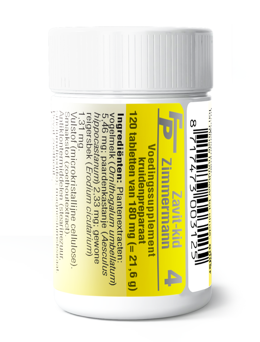 Medizimm Zavit Kid 4 herbal supplement box with 120 tablets, natural herbal remedy for children, branded by Medizimm