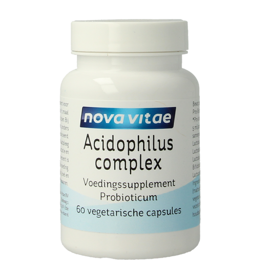 Nova Vitae Acidophilus complex vegetarian capsules containing micro-organisms, shown in a clear container with capsules inside.