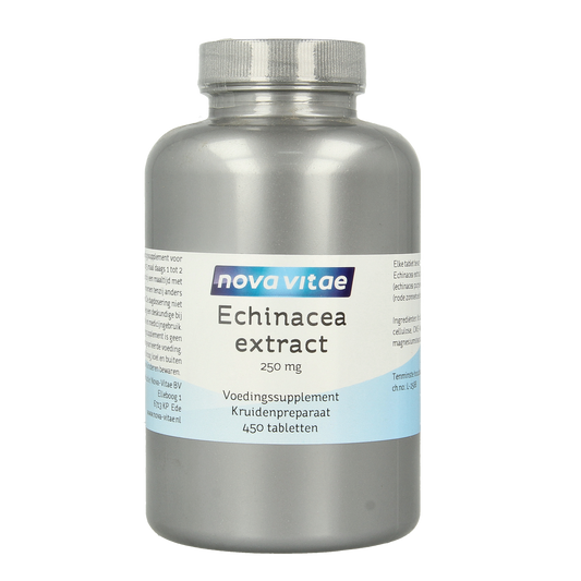 Nova Vitae Echinacea 250 mg herbal tablets in a bottle, natural immune support supplement, 450 count.