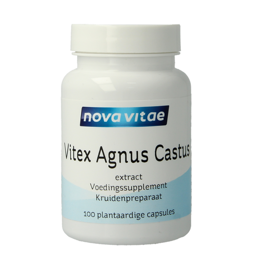Nova Vitae Vitex agnus castus herbal capsules in a bottle, vegetarian supplement for hormonal balance and women's health.