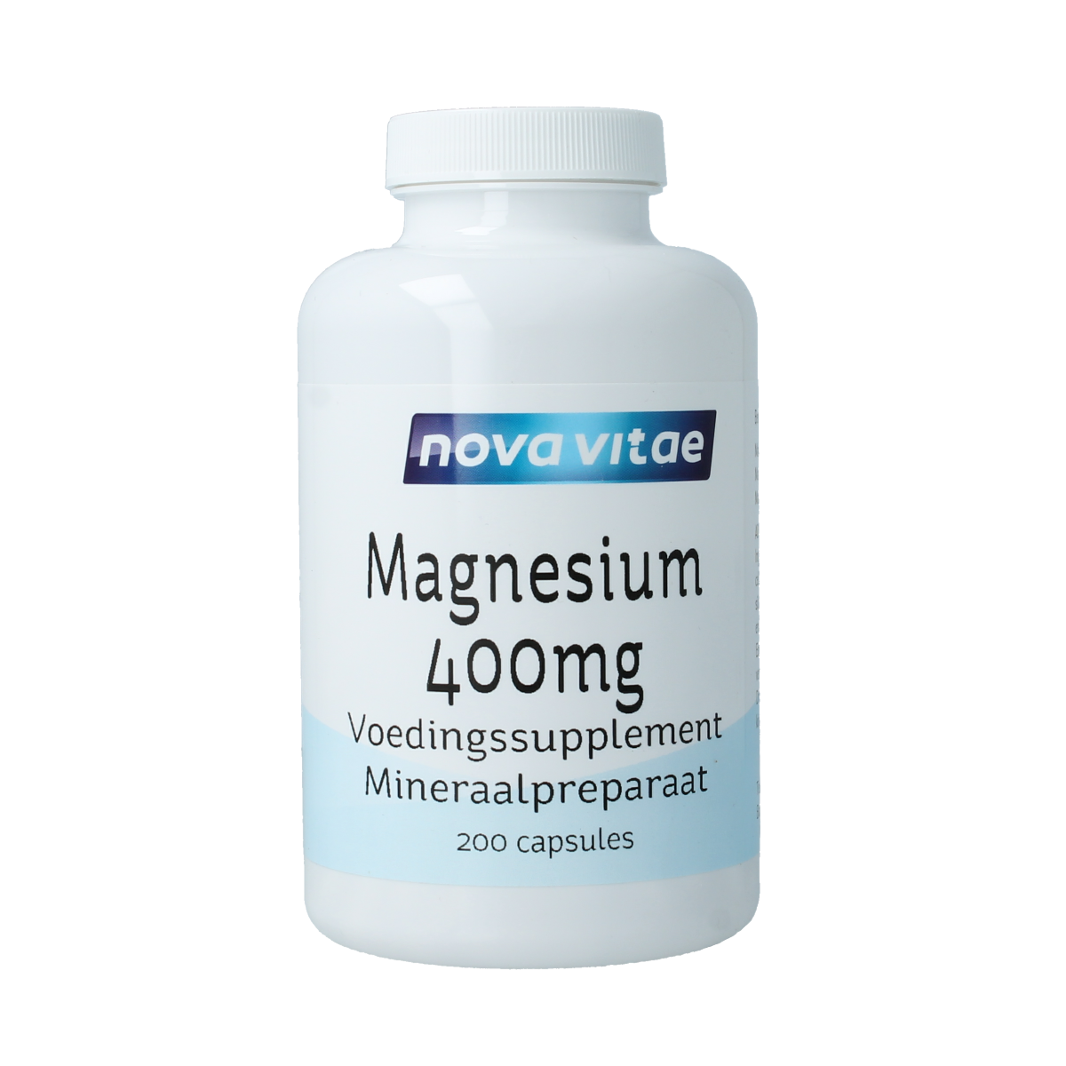 Nova Vitae Magnesium 400 mg vegetarian capsules, mineral supplement in a clear bottle with capsules inside.