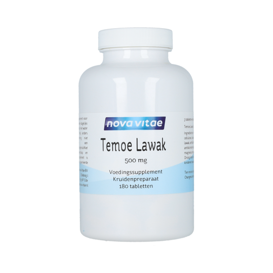 Nova Vitae Temoe lawak herbal tablets in a clear container, showcasing the packaging of this kruidenpreparaten supplement.