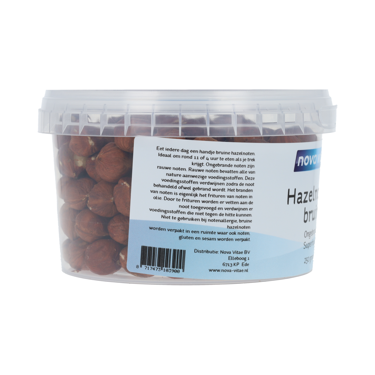 Raw hazelnuts in brown, unroasted form from Nova Vitae, shown in a 250g package for healthy superfood snacking.