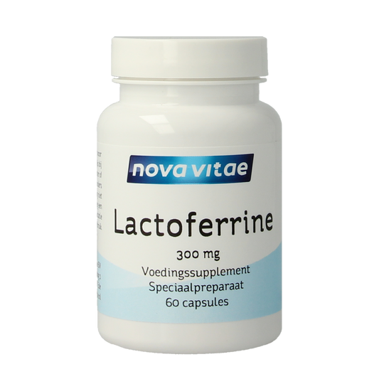 Nova Vitae Lactoferrine 300 mg capsules, LPS free, 60-count, mineral supplement with white capsules shown in the image.
