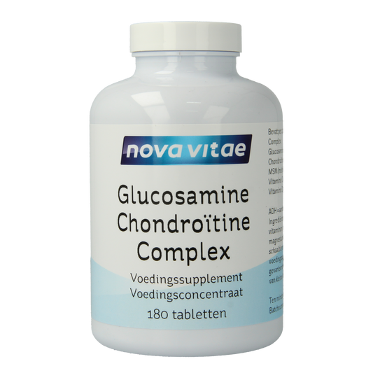 Nova Vitae Glucosamine chondroitine complex with MSM in 180 tablet bottle, dietary mineral supplement for joint health.